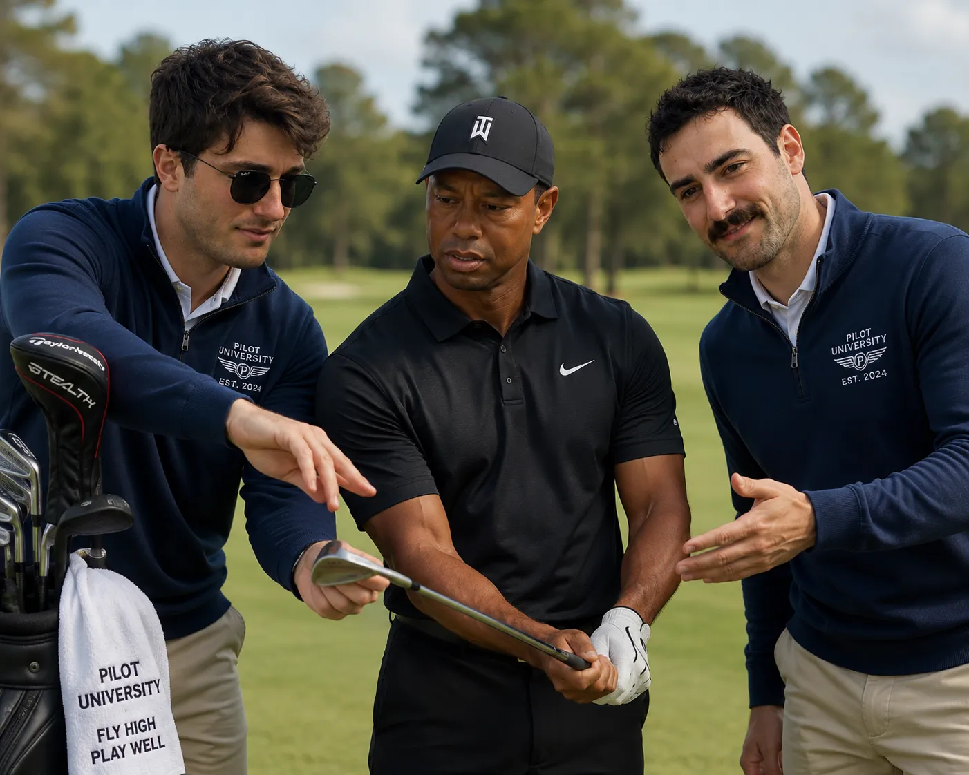 Josh and Dan in branded sweaters coaching a professional golfer on a fairway.