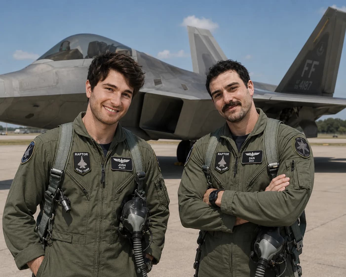 Josh and Dan in flight suits standing in front of a fighter jet.